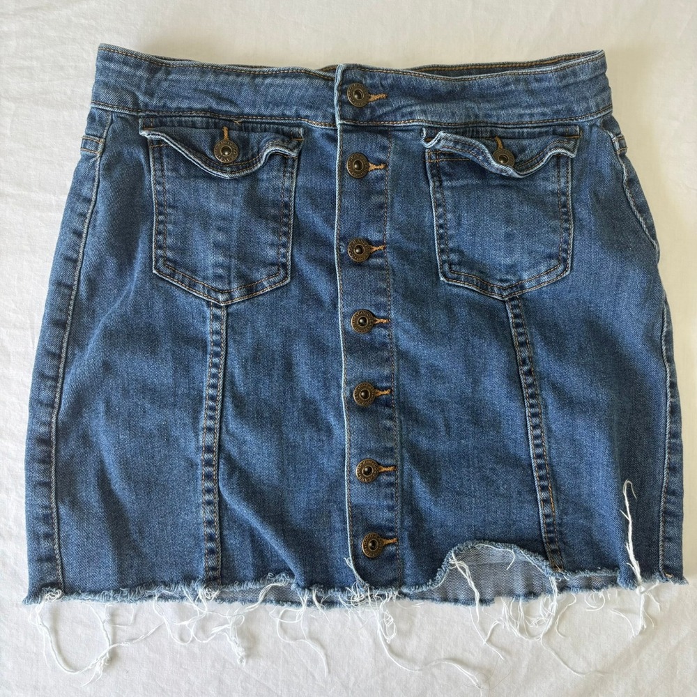 Gogo Jeans Womens Blue Denim Button Front Raw Hem Mini Skirt Size 9 Jr / Medium